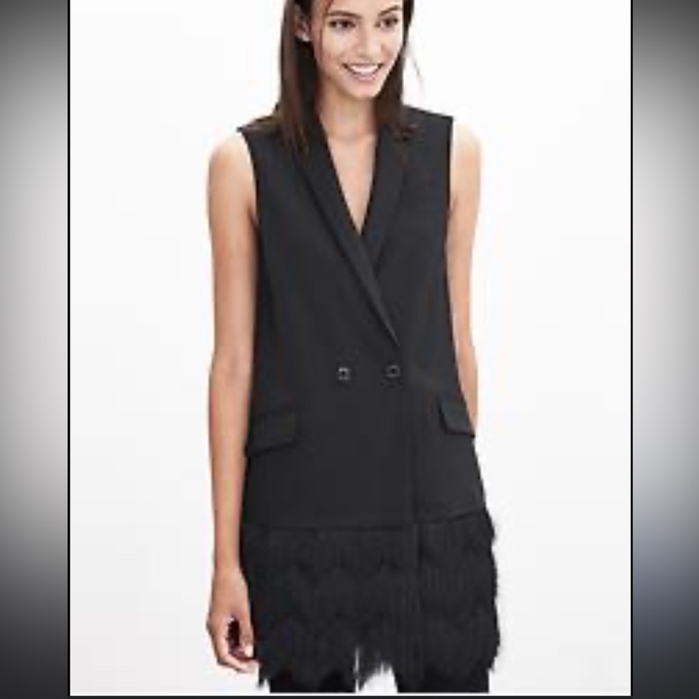 NWT Banana Republic Black Long Fringe Vest Size 6P
